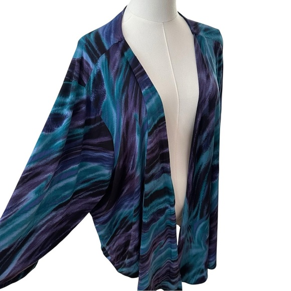 Maggie Barnes Women's 4X Art Wear Plus Purple Teal Swirl Open Front Blouse Top - Picture 4 of 8